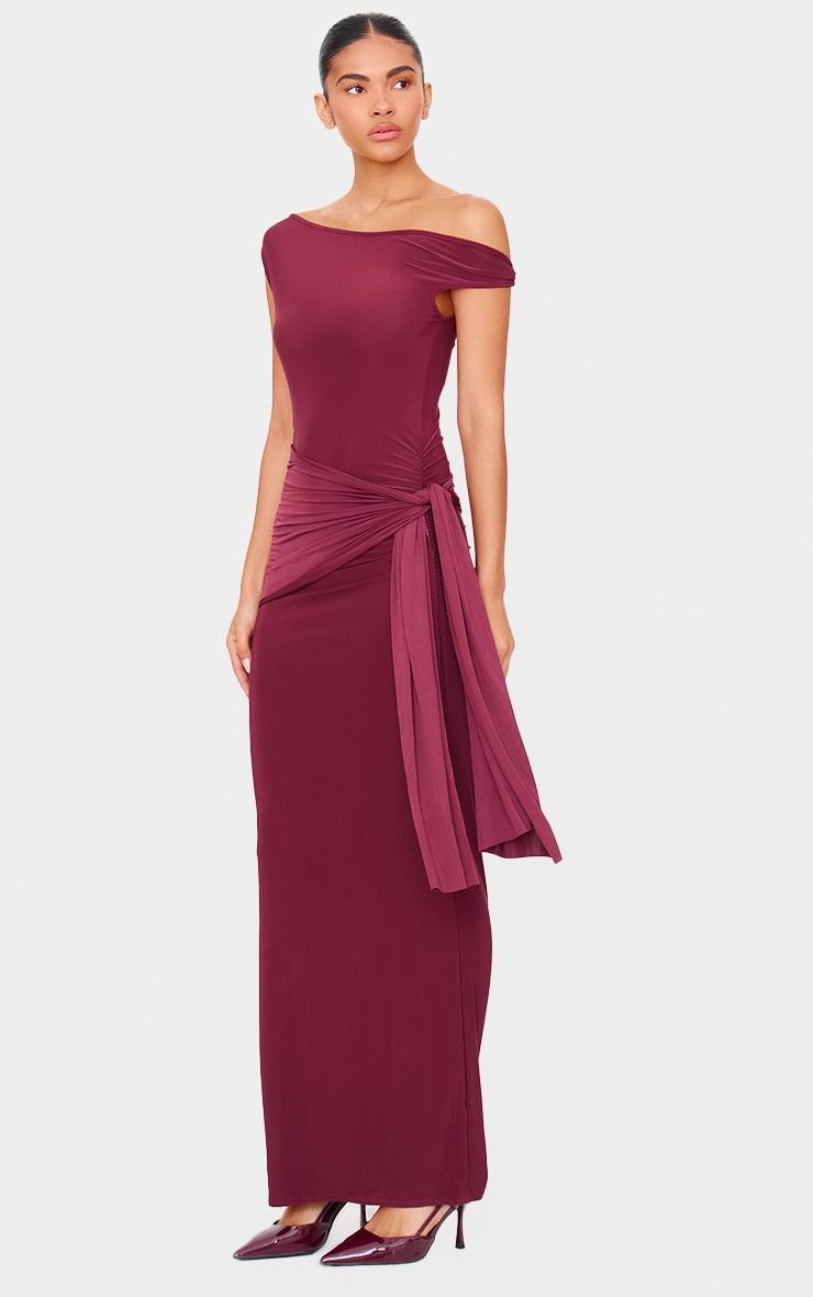 Burgundy Slinky Off Shoulder Wrap Detail Maxi Dress Product Image