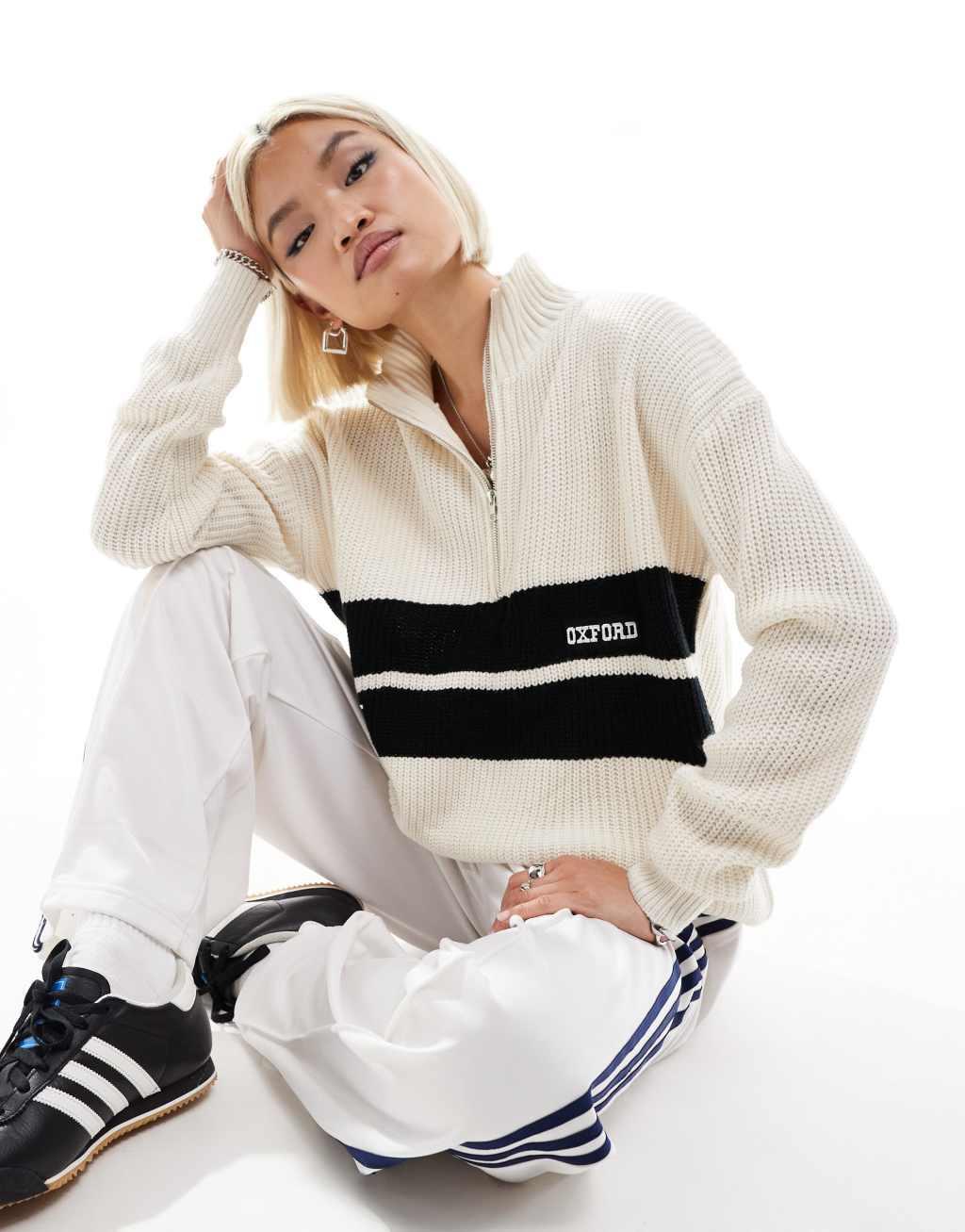 Daisy Street beige quarter zip pull-over sweater with embroidered oxford text Product Image