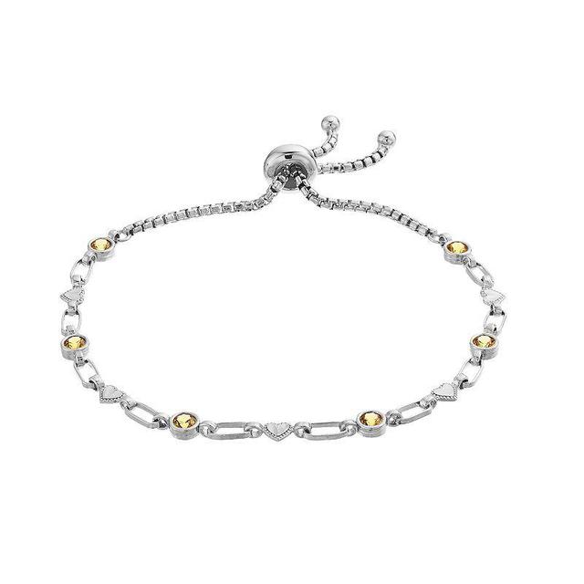 Kristen Kesho Sterling Silver Lab-Created Yellow Sapphire & Heart Link Adjustable Bolo Bracelet, Womens Product Image