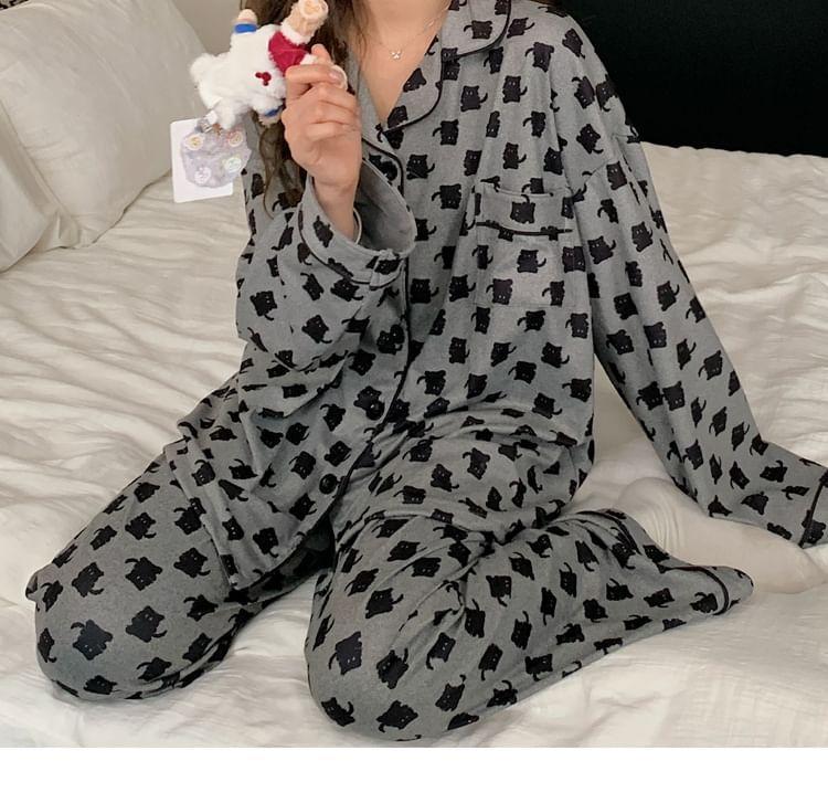 Pajama Set: Cat Print Pocket Detail Shirt + Pants Product Image