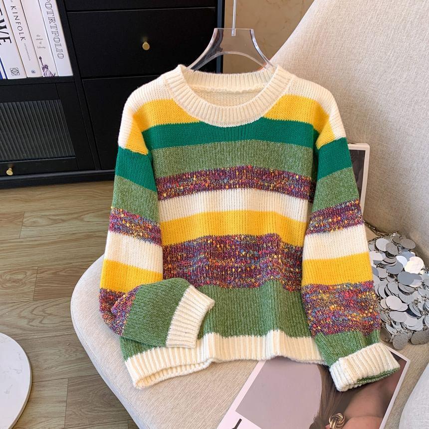 Round Neck Melange Panel Sweater Product Image