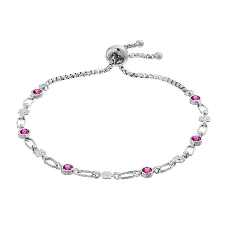 Kristen Kesho Sterling Silver Lab-Created Ruby & Flower Link Adjustable Bolo Bracelet, Womens Product Image