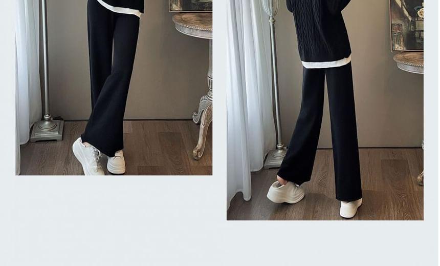 Set: Collared Mock Two-Piece Two Tone Cable Knit Half-Zip Sweater + High Waist Plain Wide Leg Pants Product Image