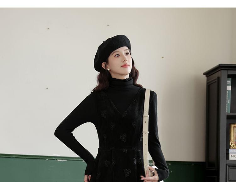 Long-Sleeve Turtleneck Plain Knit Top / Bow Embroidered Maxi Pinafore Dress Product Image