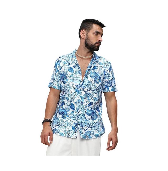 Campus Sutra Mens Chalk White:Indigo Blue Mesh Foliage Shirt Product Image