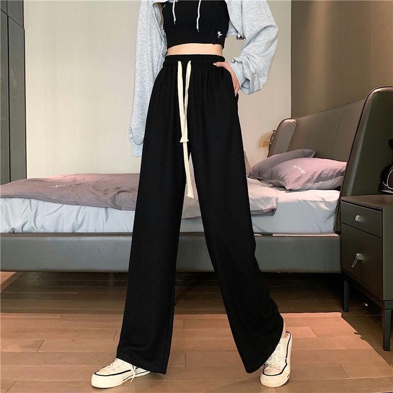 Drawstring Waist Plain Wide Leg Pants Product Image