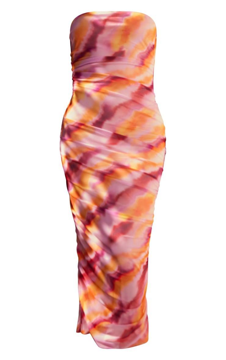 Pink Abstract Print Mesh Bandeau Ruched Maxi Dress Product Image