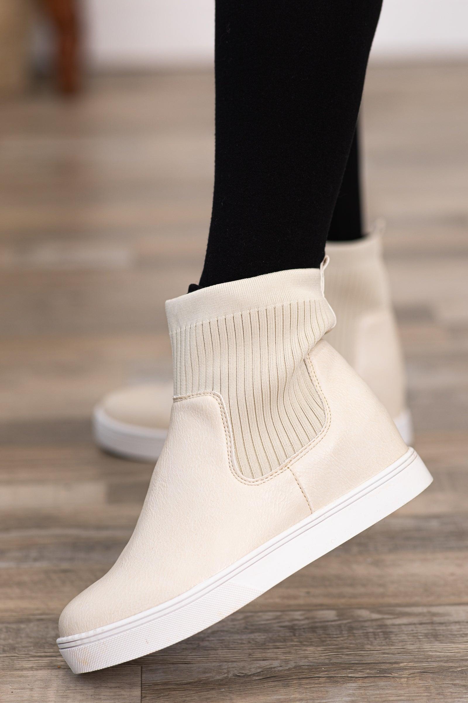 Beige Faux Leather Sneakers With Knit Trim product image