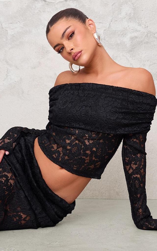 Black Pleated Lace Foldover Bardot Crop Top Product Image