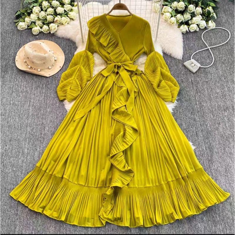 Long-Sleeve V-Neck Plain Ruffle Trim Crinkle Tie Waist Maxi A-Line Dress Product Image