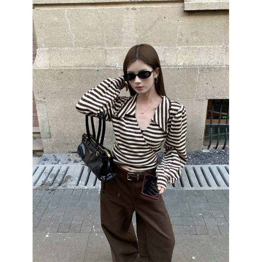 Long-Sleeve V-Neck Collared Striped Wrap Crop Top Product Image