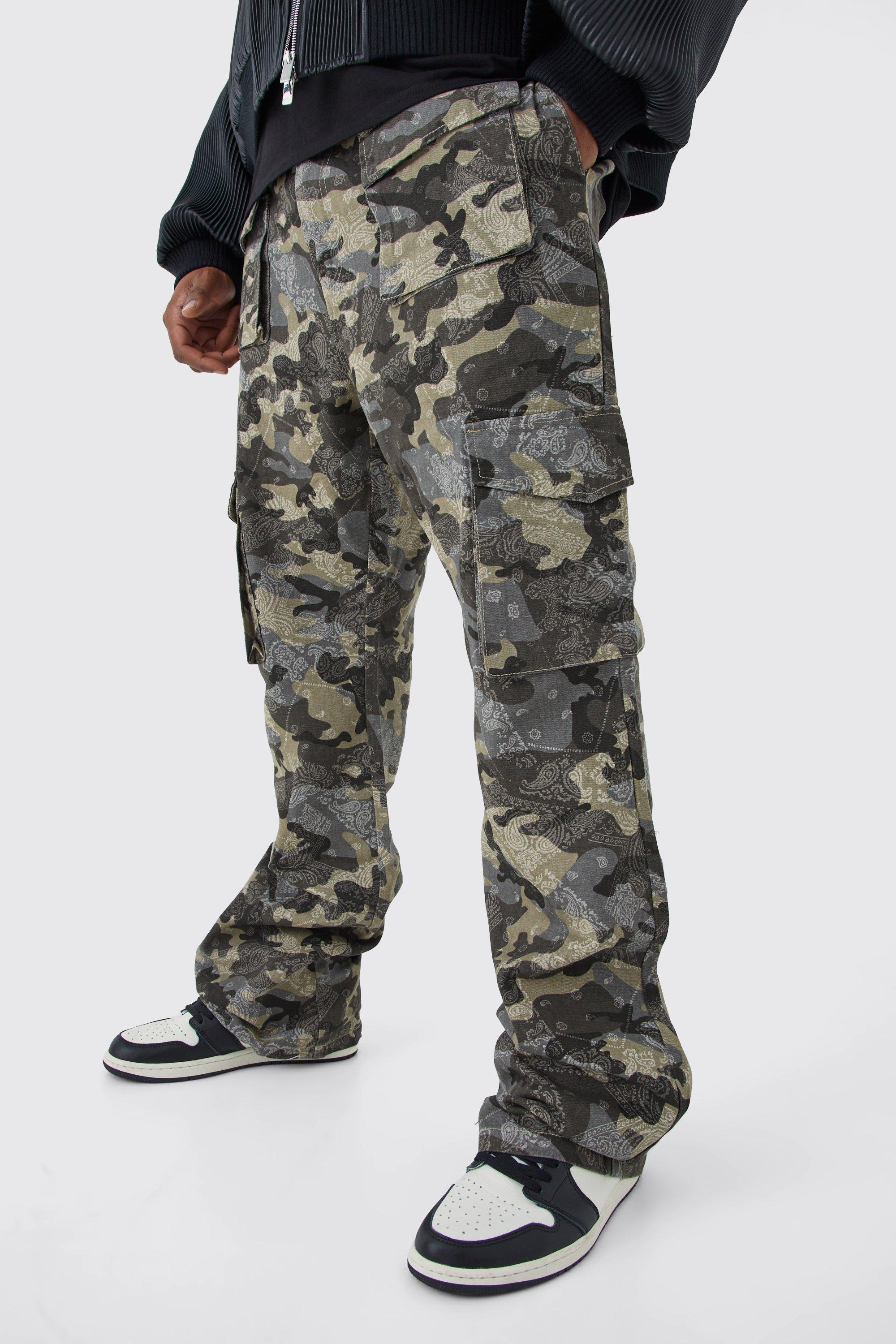 Plus Slim Stacked Flare Multi Cargo Camo Bandana Pants | boohooMAN USA Product Image