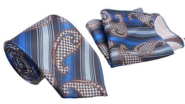 Blue Diagonal Houndstooth Paisley Pattern Men's Classic Tie and Pocket Square Set Product Image