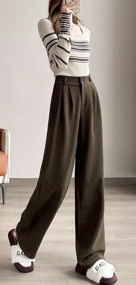 High Rise Plain Wide Leg Slacks Product Image