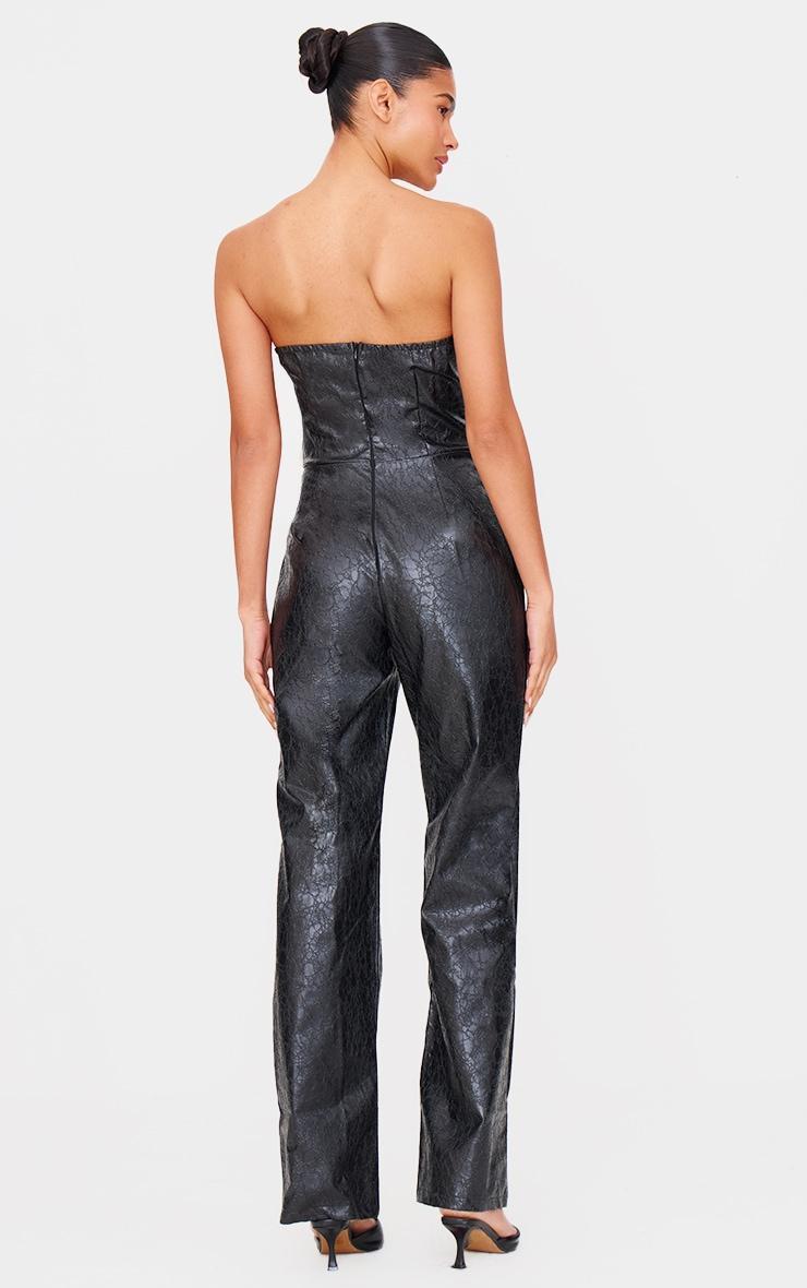 Black Croc Faux Leather Bandeau Plunge Straight Leg Jumpsuit Product Image