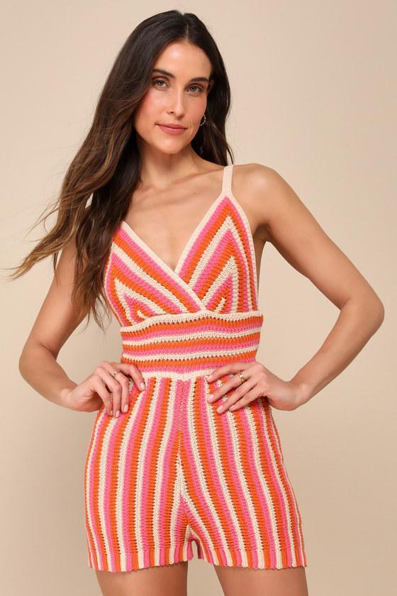 Sunshine Mood Orange Multi Crochet Knit Sleeveless Romper Product Image