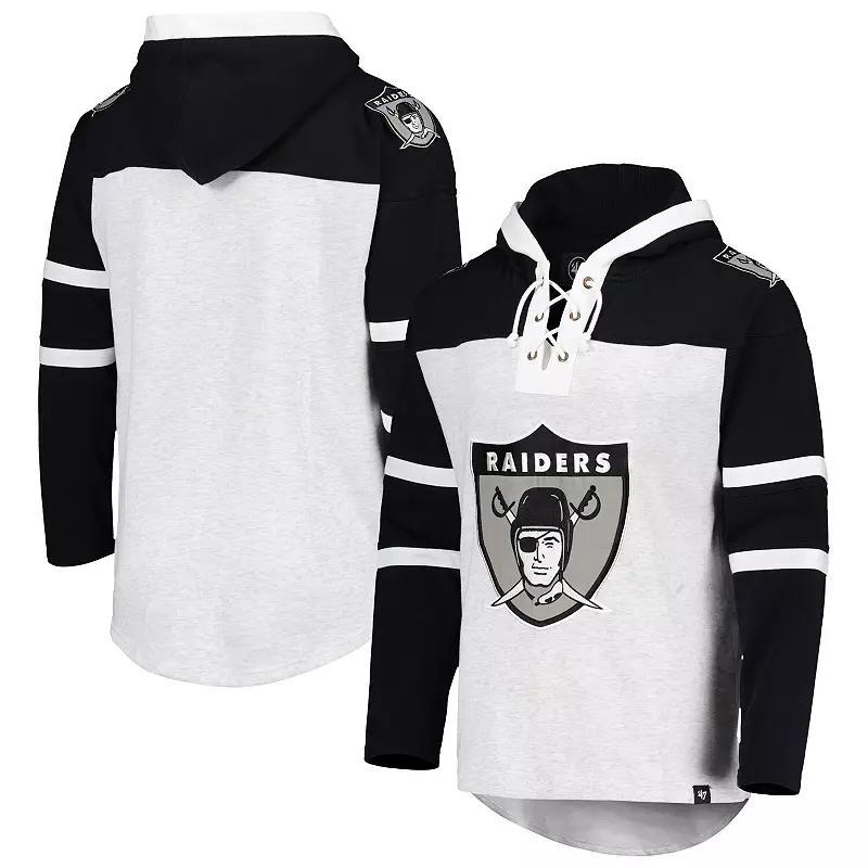 Mens 47 Las Vegas Raiders Heather Gray Historic Logo Gridiron Lace-Up Pullover Hoodie Product Image