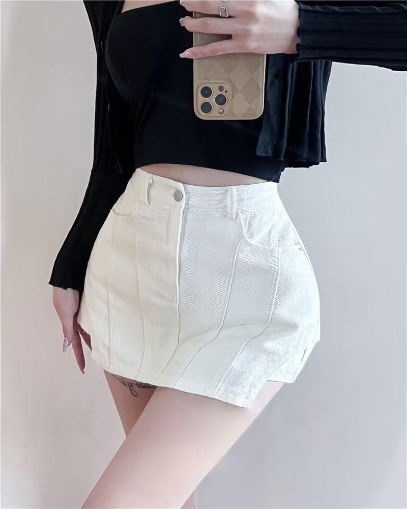 High Waist Plain Mini Pencil Denim Skort Product Image