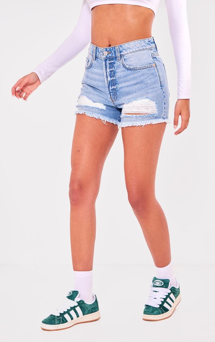 PRETTYLITTLETHING Tall Vintage Mid Wash Distressed Mid Rise Denim Shorts Product Image