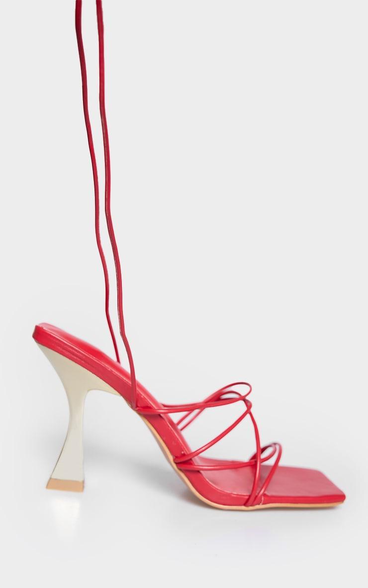 Red Pu Square Toe Strappy Lace Up Heeled Sandals Product Image