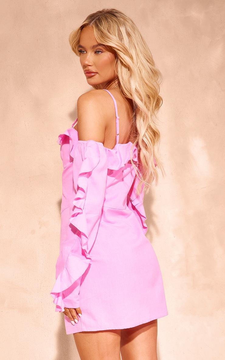 Pink Linen Look Frill Bardot Bodycon Dress Product Image