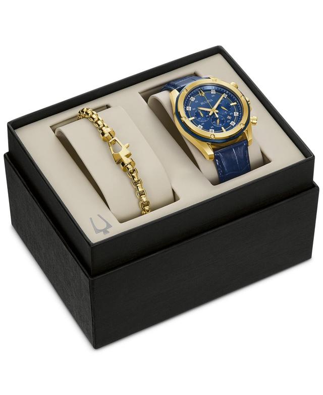 Bulova Mens Chronograph Diamond-Accent Blue Leather Strap Watch 43mm Gift Set Product Image