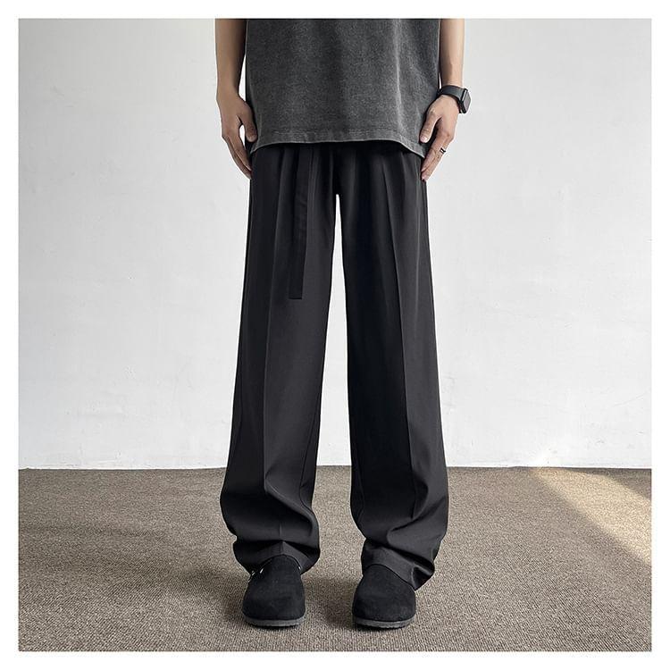 Mid Rise Plain Buckle Straight Leg Dress Pants Product Image