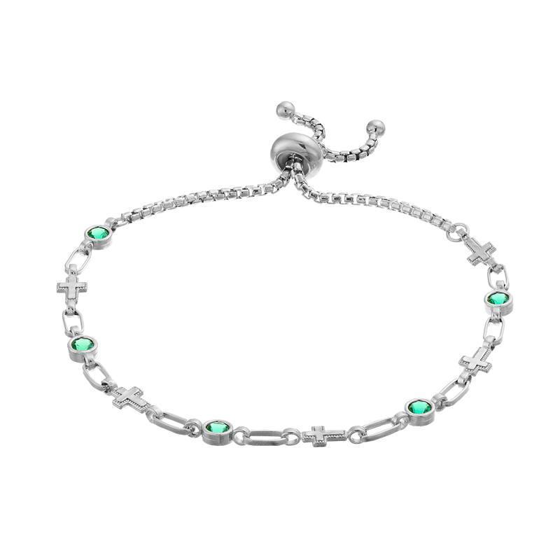 Kristen Kesho Sterling Silver Lab-Created Emerald & Cross Link Adjustable Bolo Bracelet, Womens Product Image