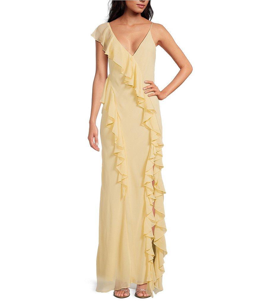 RONNY KOBO Olivialle Chiffon Deep V-Neck Sleeveless Asymmetric Ruffled A-Line Maxi Dress product image