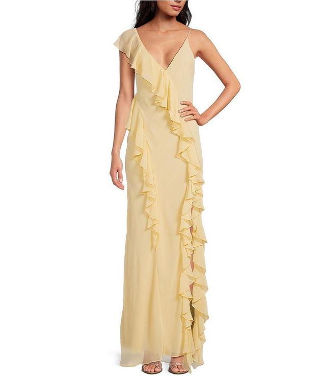 RONNY KOBO Olivialle Chiffon Deep V-Neck Sleeveless Asymmetric Ruffled A-Line Maxi Dress Product Image