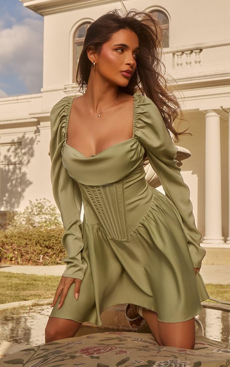 Sage Green Satin Corset Detail Puffball Skater Dress Product Image