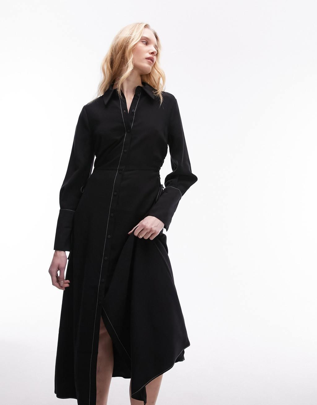 Topshop ruch side midi shirt dress in black twill Product Image