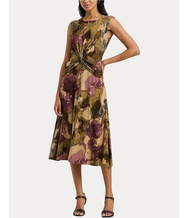 Lauren Ralph Lauren Floral Jersey Round Neck Cap Sleeve Twist Front Midi Dress Product Image