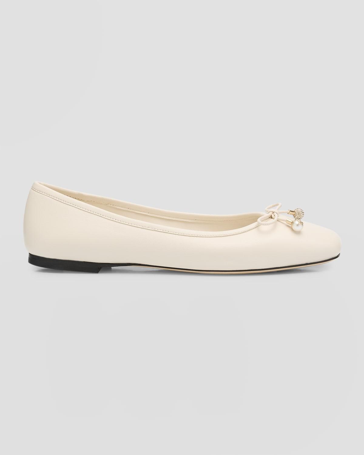 JIMMY CHOO Elme Leather Bow Ballerina Flats In Off White Product Image