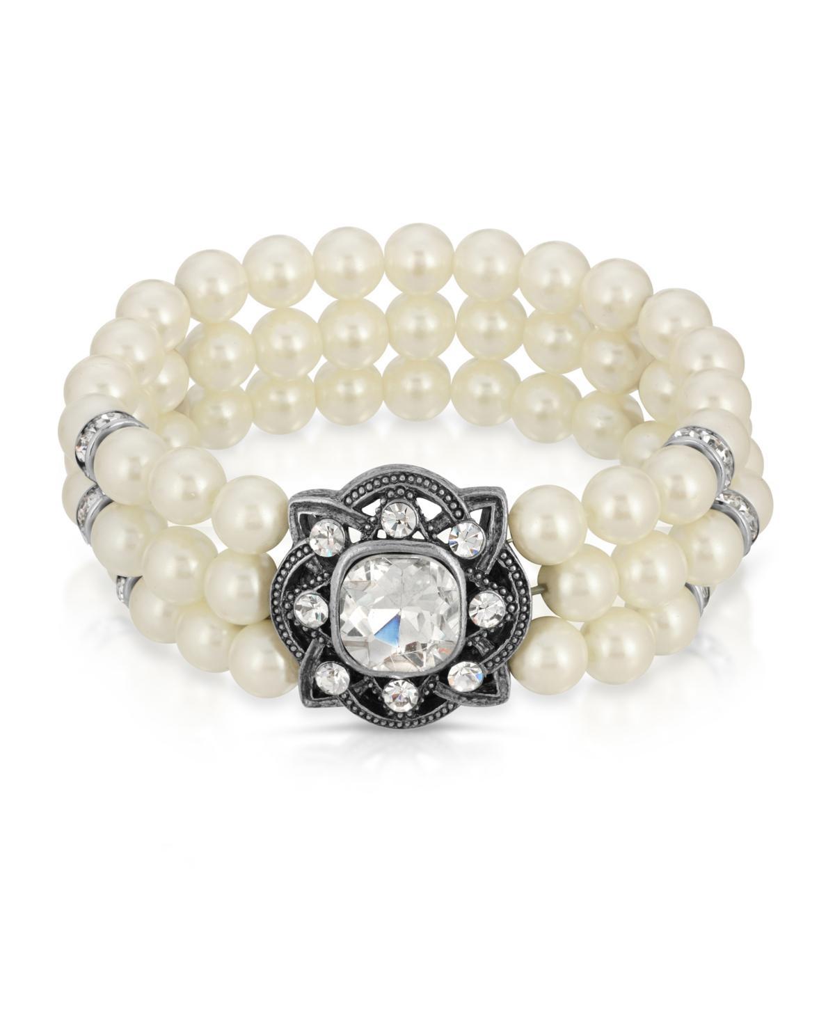 1928 Silver-Tone Three Row Pearl & Crystal Stretch Bracelet, Womens, White Product Image