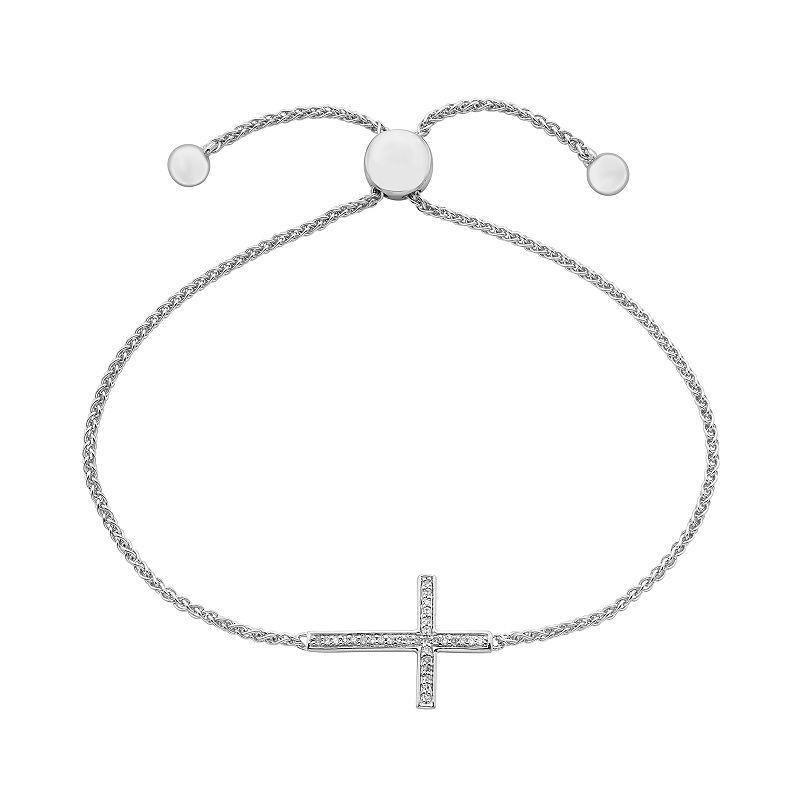 Sterling Silver 1/10 Carat T.W. Diamond Sideways Cross Bolo Bracelet, Womens Product Image