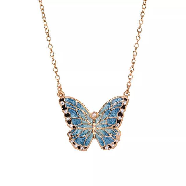 1928 Gold Tone Blue Enamel and Simulated Crystal Butterfly Necklace, Womens Product Image