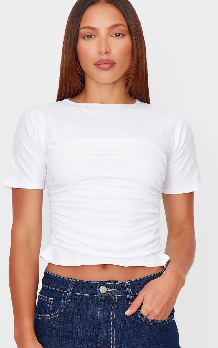 White Cotton Cinched Waist T Shirt Product Image