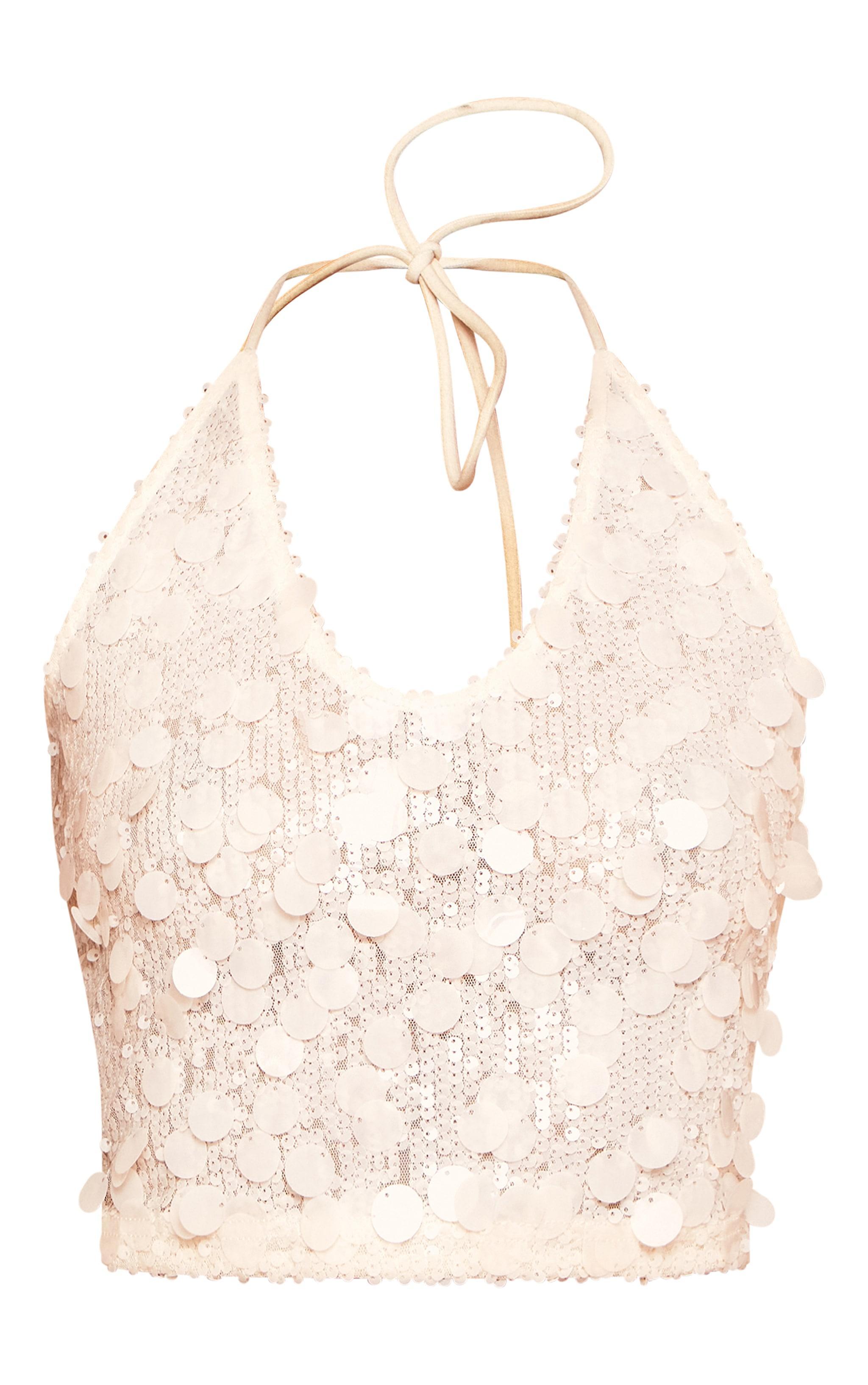 Nude Large Sequin Plunge Crop Top Product Image