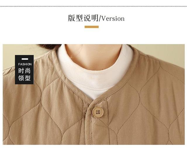 Crew Neck Plain Quilted Button-Up Jacket Product Image