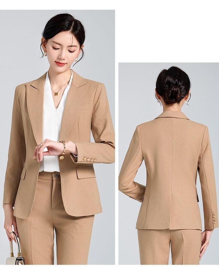 Set: Lapel Collar Plain Single Breasted Blazer + Mid Waist Plain Slacks Product Image