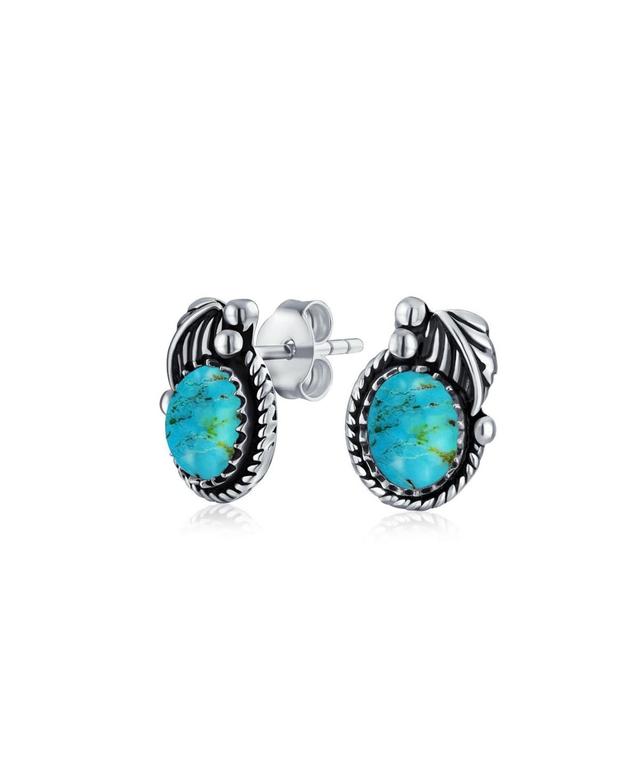 Bling Jewelry Native American Style Stabilized Natural Oval Bezel Leaf Rope Edged Stud Earrings For Women Oxidized Sterling Silver - Turquoi Product Image