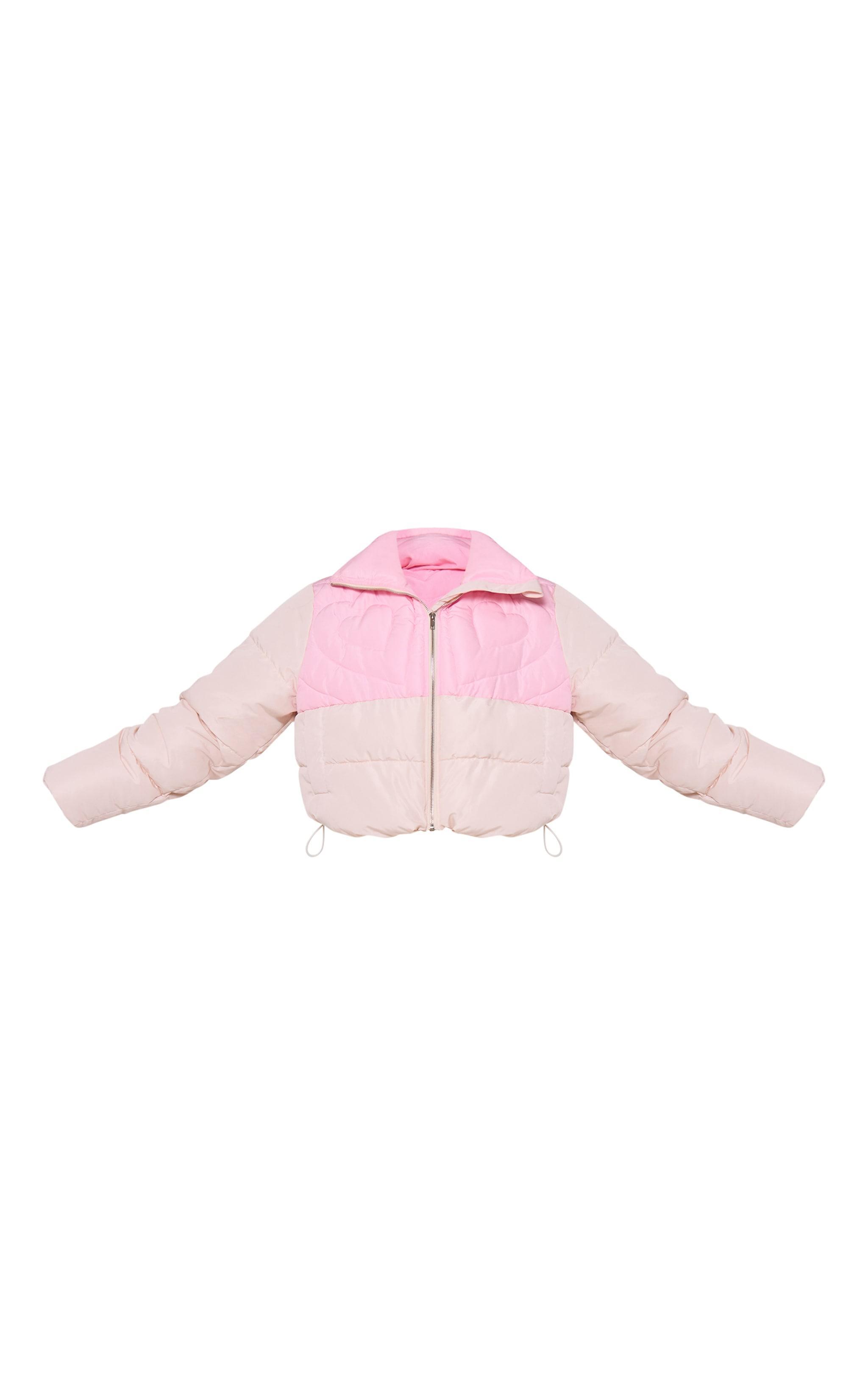 Pink Heart Detail Color Block Puffer Coat Product Image