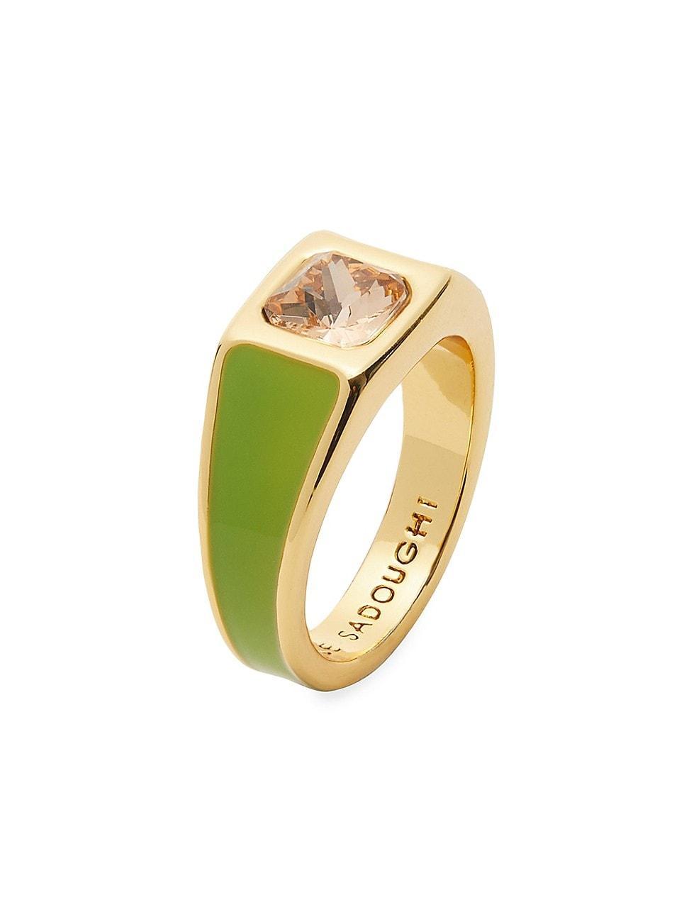 Womens 14K-Gold-Plated, Enamel & Crystal Signet Ring Product Image