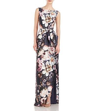 Kay Unger Floral Boat Neckline Sleeveless Ruffle Knot Bodice Gown with Asymmetrical Hem Product Image