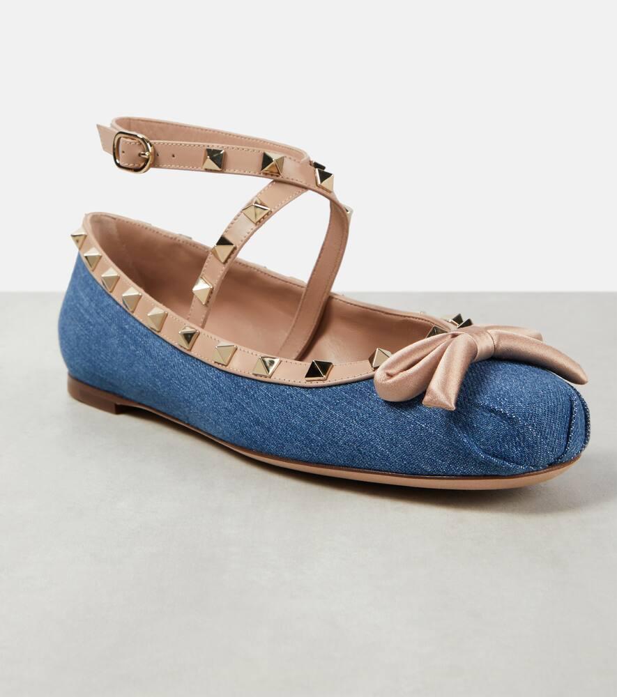 Rockstud Leather-trimmed Denim Ballet Flats In Blue Product Image