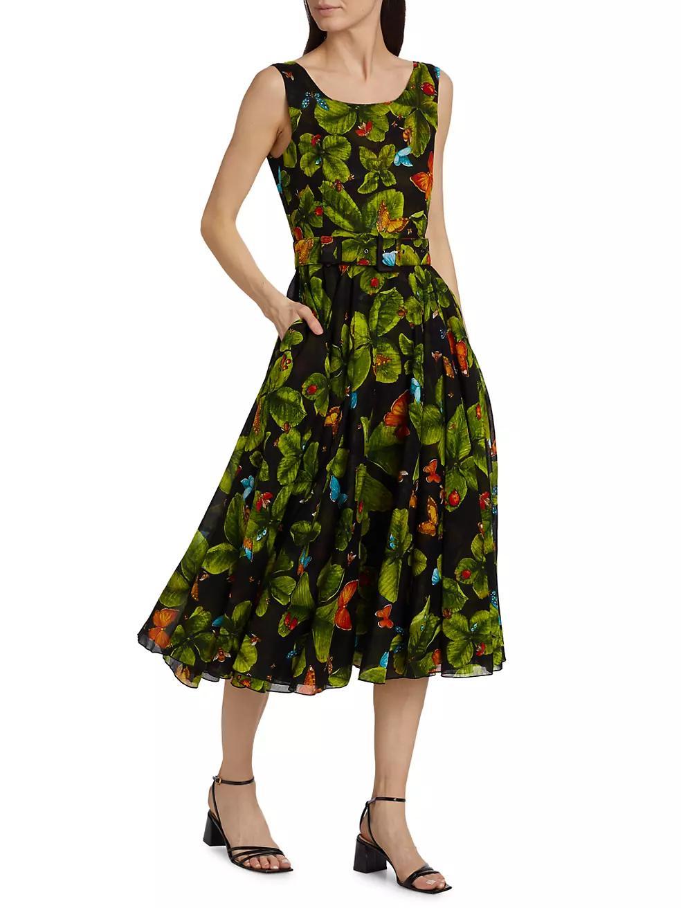 Clover Printed Tie-Waist Fit & Flare Midi-Dress Product Image