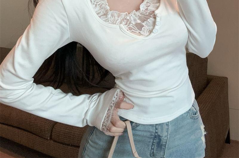 Long-Sleeve Halter Neck Mock Two-Piece Lace Panel Frill Trim Slim Fit Crop Top Product Image