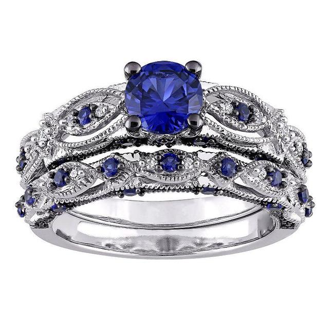 Stella Grace 10k White Gold Lab-Created Sapphire & 1/10 Carat T.W. Diamond Vintage Filigree Engagement Ring Set, Womens Blue Product Image