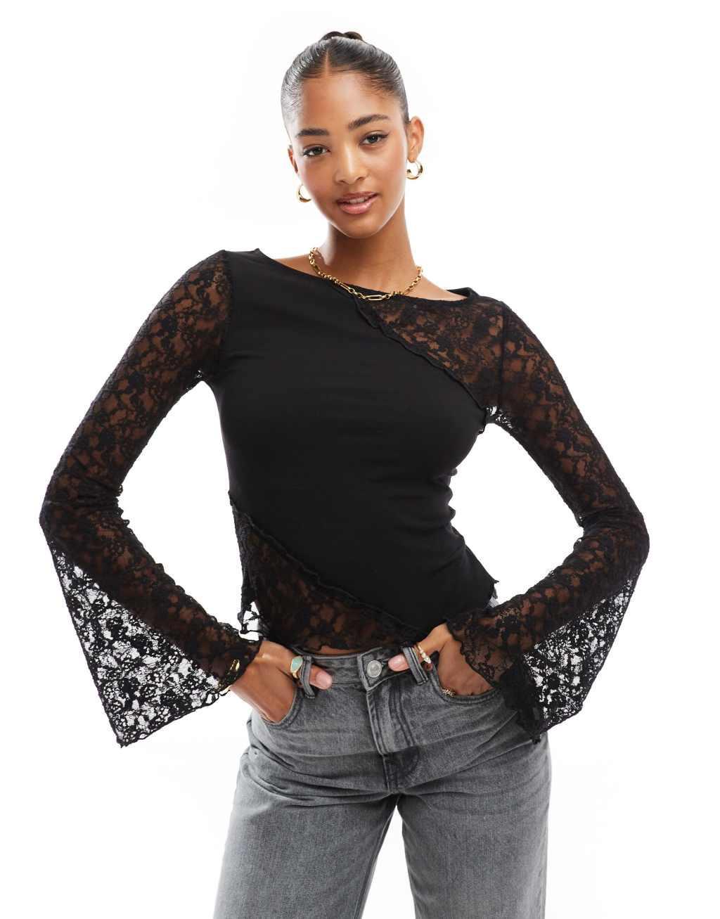 ASOS DESIGN angel sleeve seam detail lace top in black Product Image